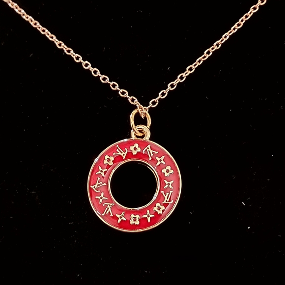 Upcycled Designer Brand Red and Gold Circle Pendant Necklace#27 - Picture 2 of 2